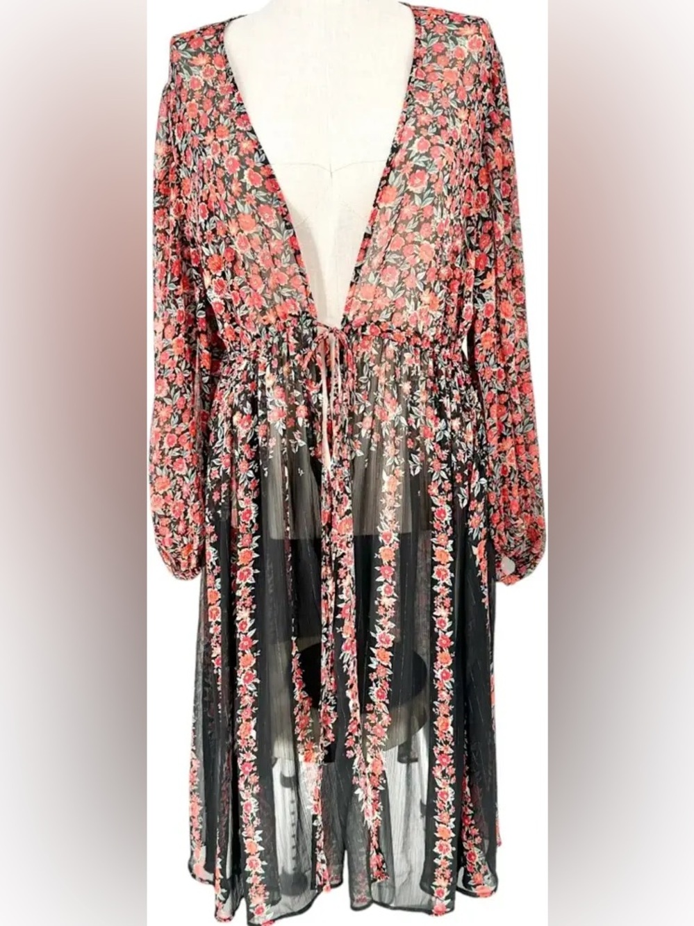 Torrid Floral Sheer Tie-Front Kimono - Black & Coral/Red floral with gold accent